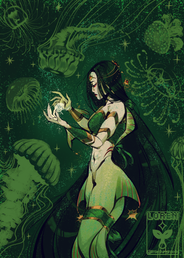 A mermaid with long dark green hair and pastel green fins holding a moon jelly with a sad expression on her face.